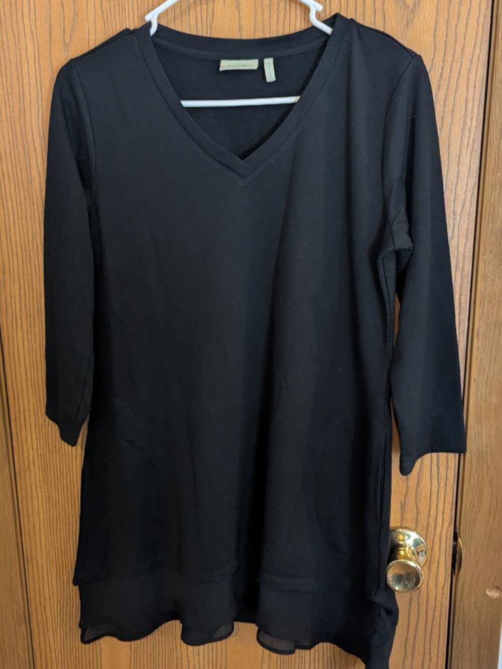Logo Lounge V-Neck 3/4 Sleeve Sheer Add On Hem Black Top-XS